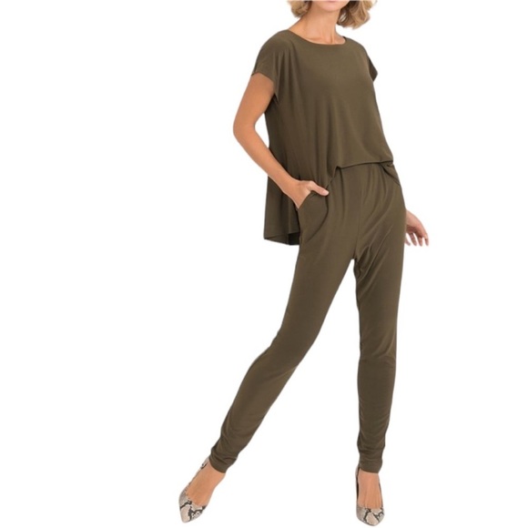 Joseph Ribkoff Olive Green Short Sleeve Flowy Stretch Jumpsuit - Picture 1 of 6